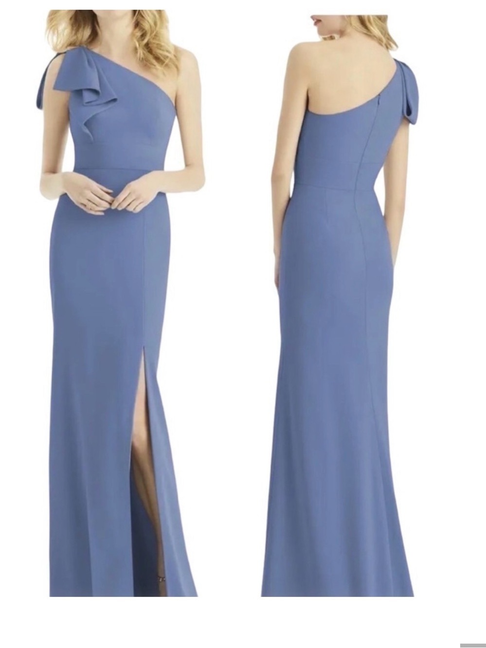 After Six One-Shoulder Ruffle Gown in Slate Blue